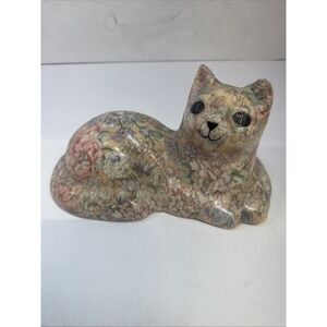 Floral Decoupage Cat Figurine Fabric Lacquered Statue Vintage